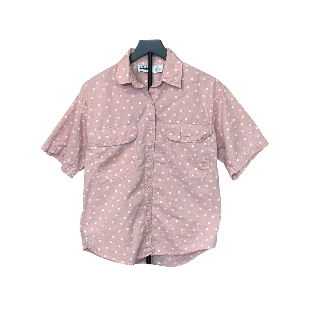 Llio Pink Polka Dot Cotton Short Sleeve Button Down Shirt Womens Medium Pockets